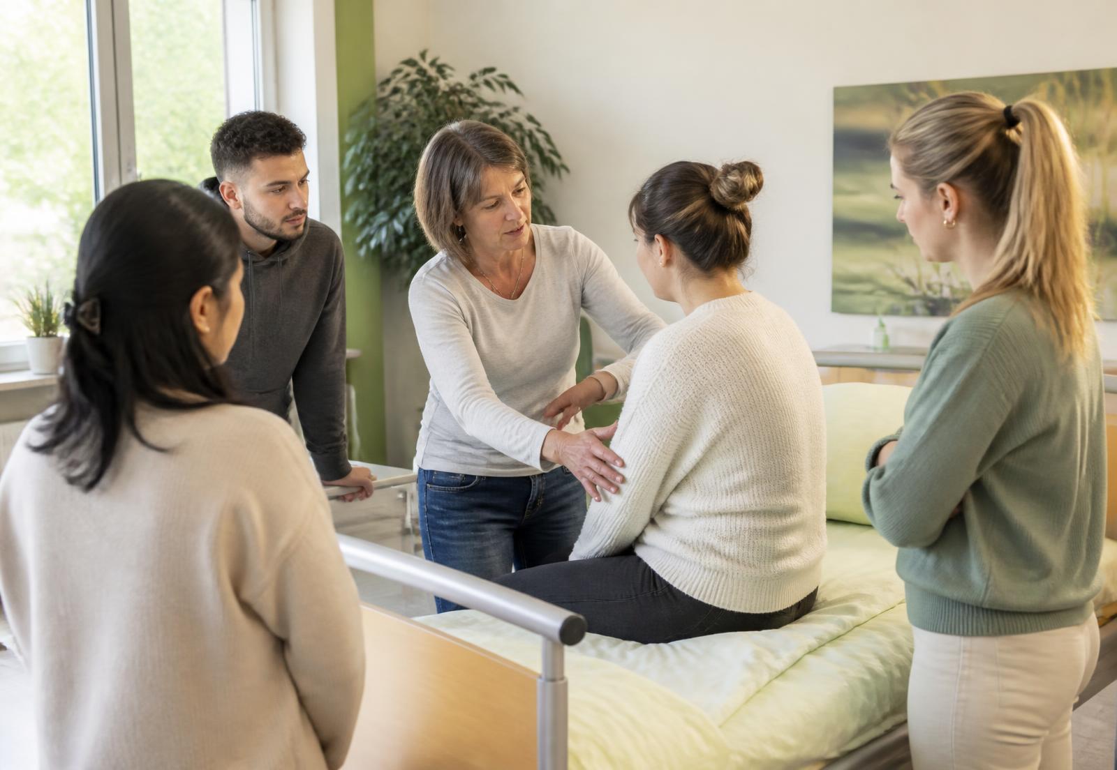 Kursleiterin zeigt einer kleinen Gruppe einen sicheren Transfer am Pflegebett