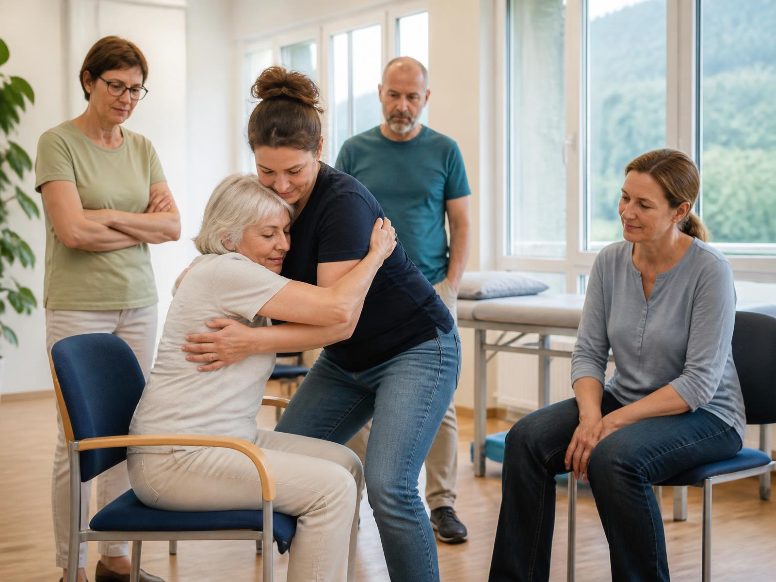 Teilnehmende üben im Pflegekurs einen sicheren Transfer aus dem Stuhl